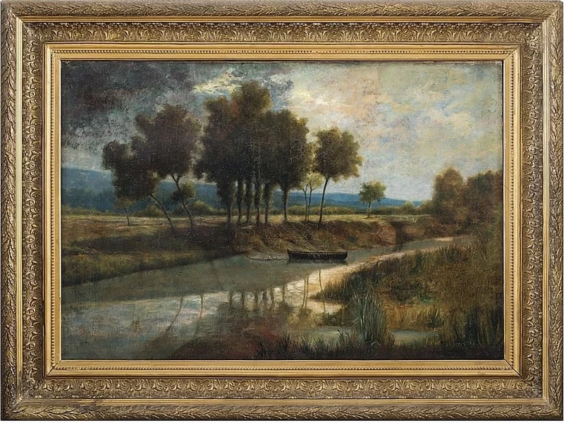 Paesaggio con barca su fiume